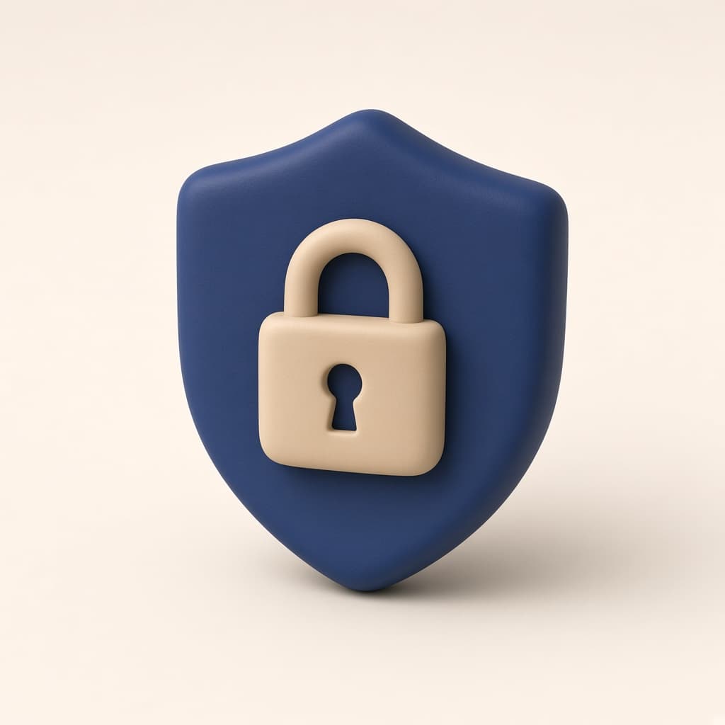 Rounded navy clay shield with a sand-colored lock