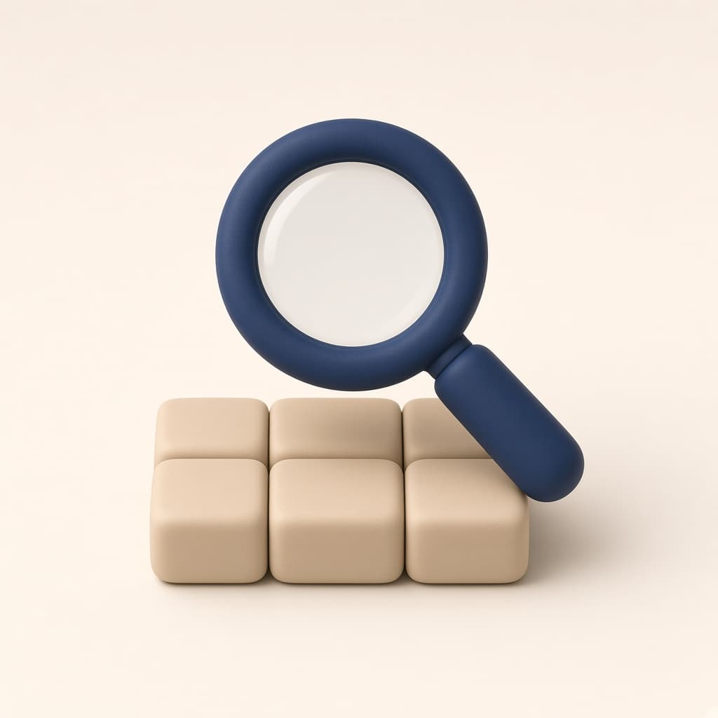 Clay magnifying glass over structured blocks, representing technical search