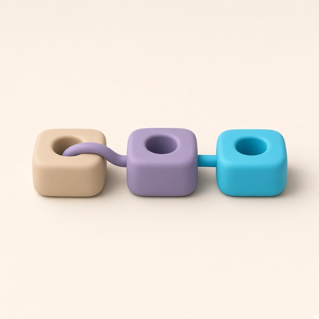 Interlocking clay workflow blocks connected by tubes, representing automation
