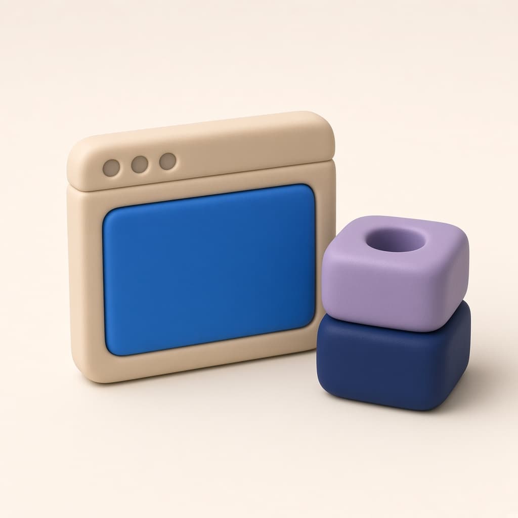 Clay browser window and stacked application blocks representing software products