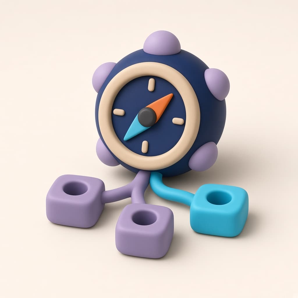Clay compass with branching path blocks representing technology strategy