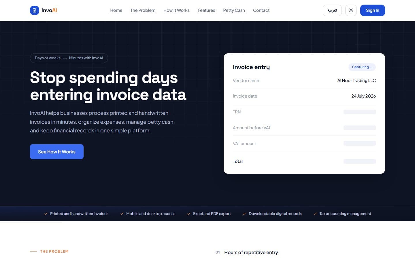 Public InvoAI product page explaining invoice capture, review, and export